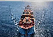 Aerial view of freighter at sea towards